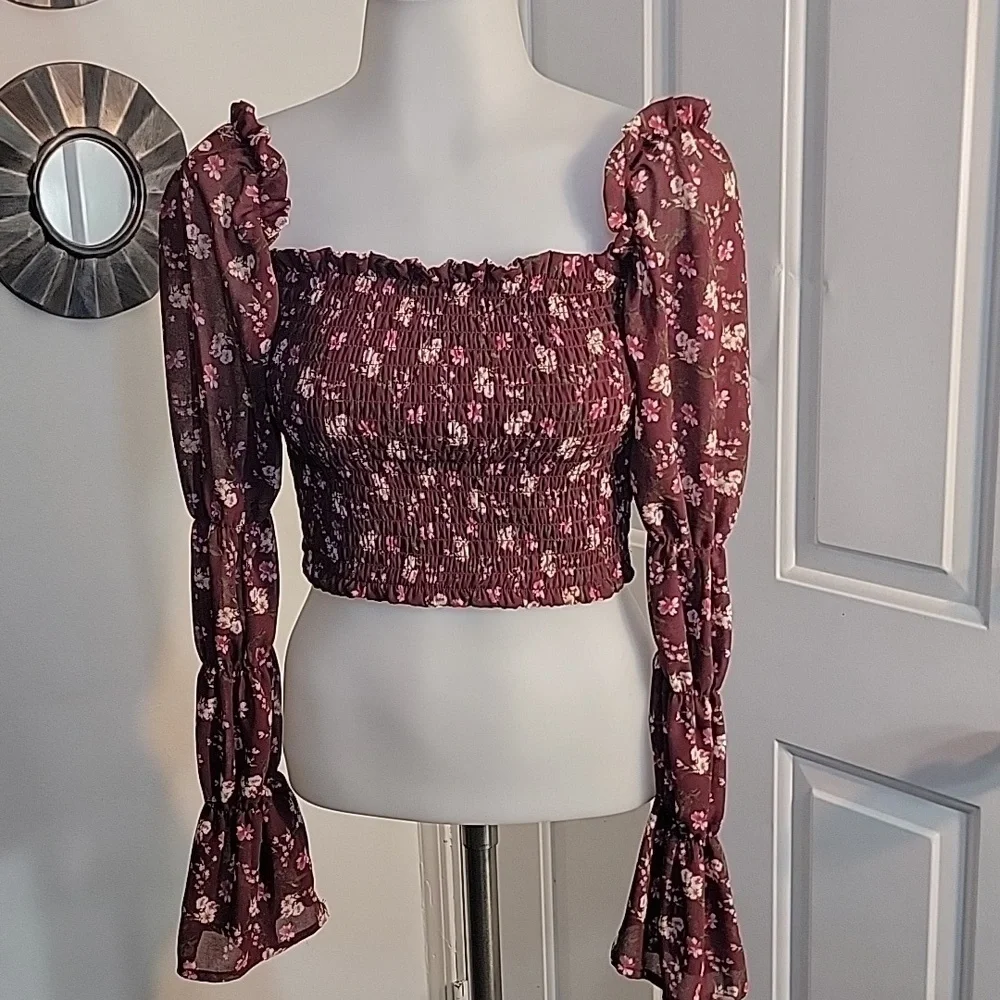 Wild Fable Cottagecore Summer Floral Sheer Long Sleeve Crop Top XS